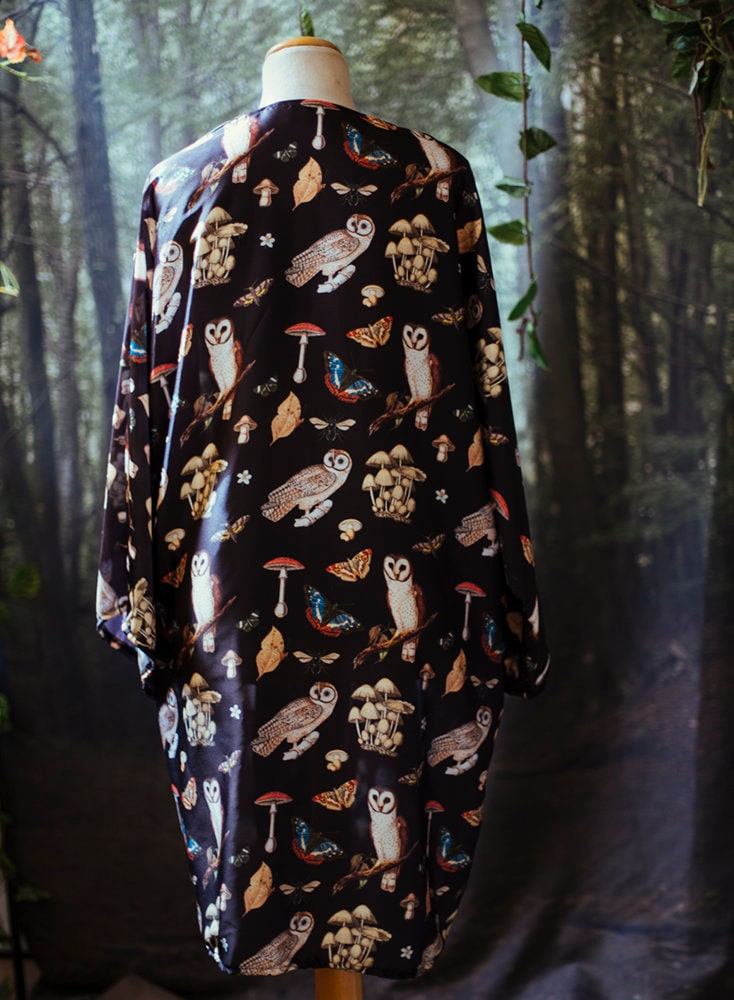 Owl Mushroom Print Kimono Robe, Silky Boho Cardigan