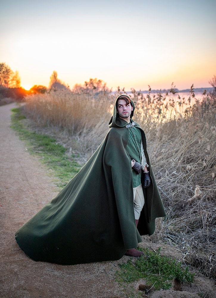 Green Vegan Wool Elven Cloak with Hood