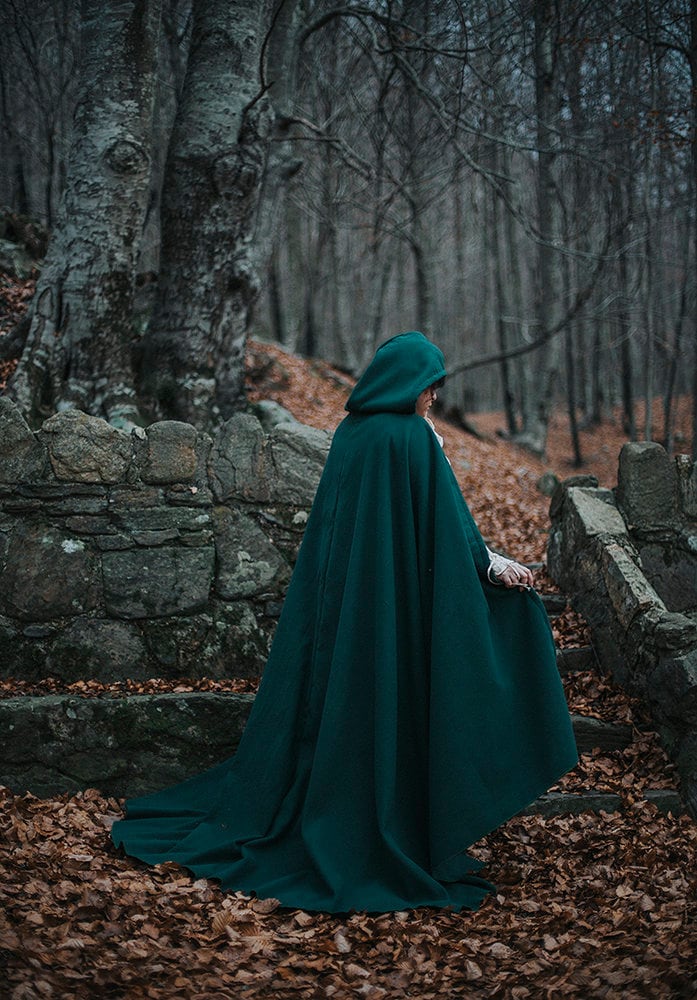Green Vegan Wool Elven Cloak with Hood