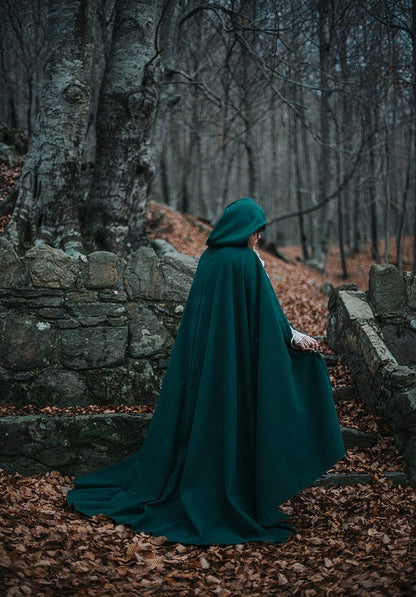 Green Vegan Wool Elven Cloak with Hood