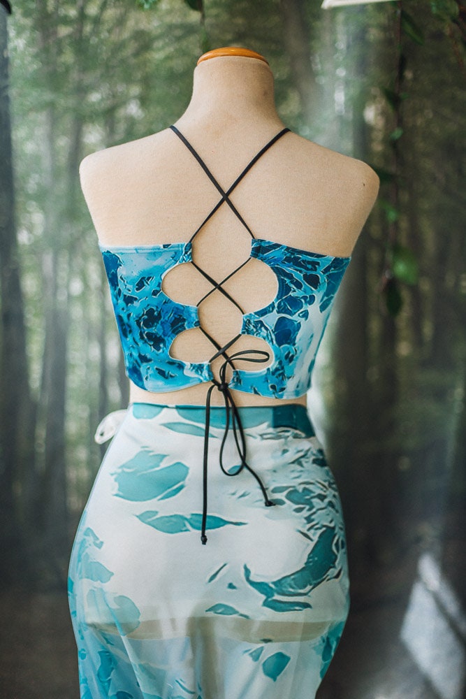 Top Bikini Halter Sirena con Estampado de Olas