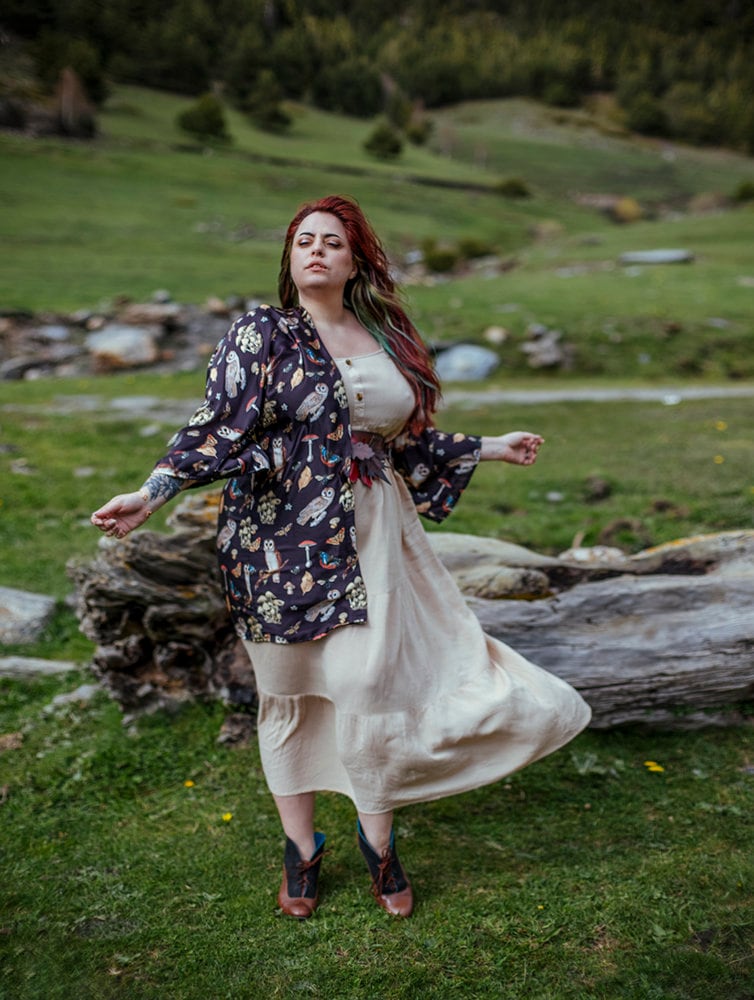 Owl Mushroom Print Kimono Robe, Silky Boho Cardigan