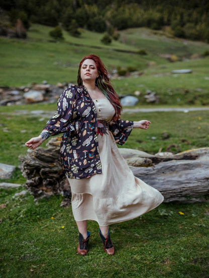 Owl Mushroom Print Kimono Robe, Silky Boho Cardigan