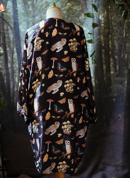 Owl Mushroom Print Kimono Robe, Silky Boho Cardigan