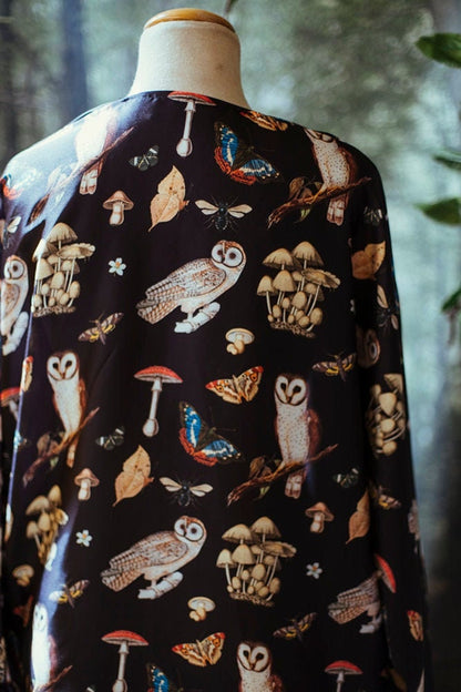 Owl Mushroom Print Kimono Robe, Silky Boho Cardigan