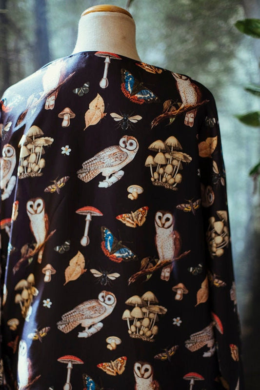 Owl Mushroom Print Kimono Robe, Silky Boho Cardigan