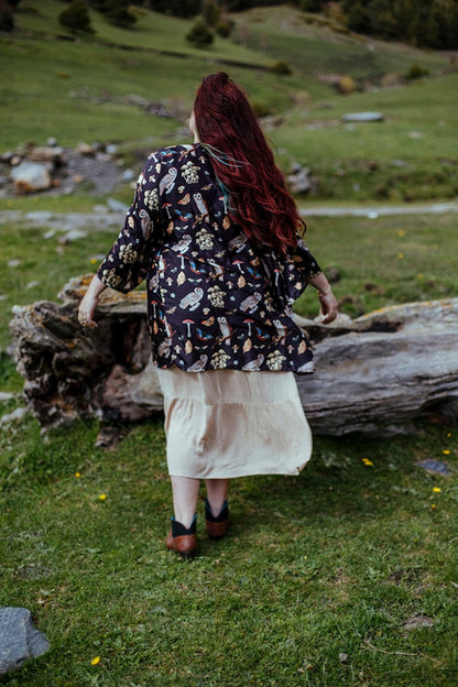 Owl Mushroom Print Kimono Robe, Silky Boho Cardigan