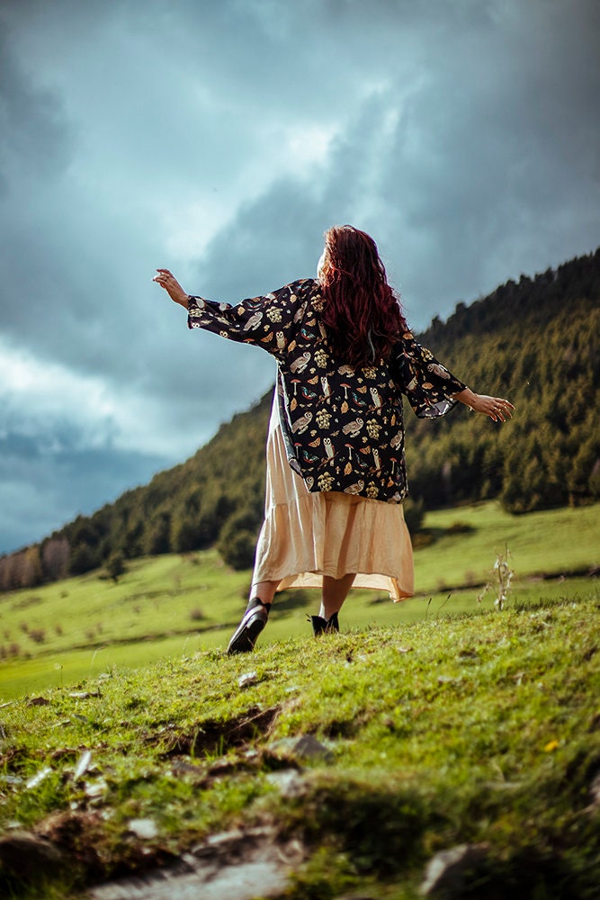 Owl Mushroom Print Kimono Robe, Silky Boho Cardigan