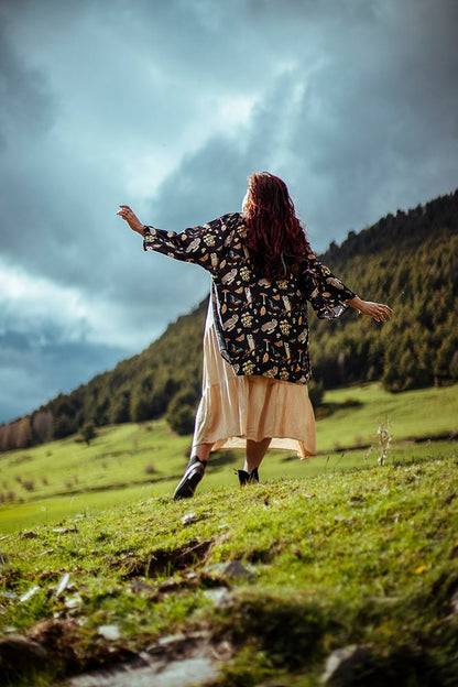 Owl Mushroom Print Kimono Robe, Silky Boho Cardigan