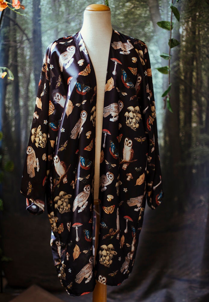 Owl Mushroom Print Kimono Robe, Silky Boho Cardigan