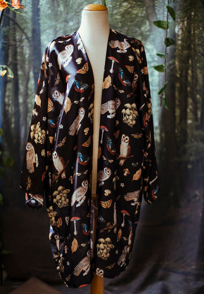 Owl Mushroom Print Kimono Robe, Silky Boho Cardigan