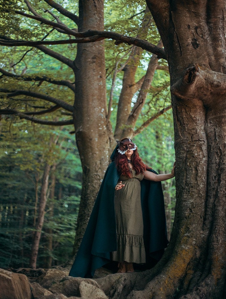 Green Vegan Wool Elven Cloak with Hood